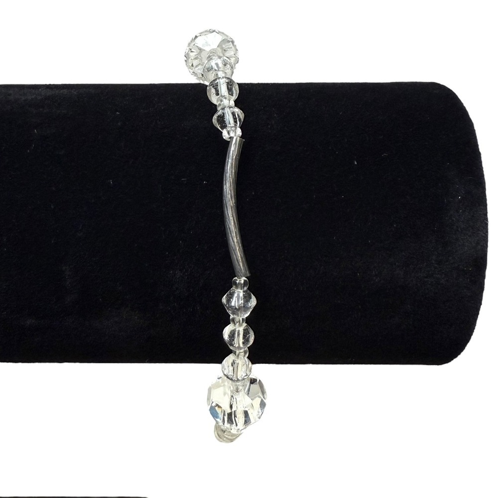 Crystal Glass Faceted Beaded Bracelet Silver Tone Bar Accents Jewelry Wrist Sz 7